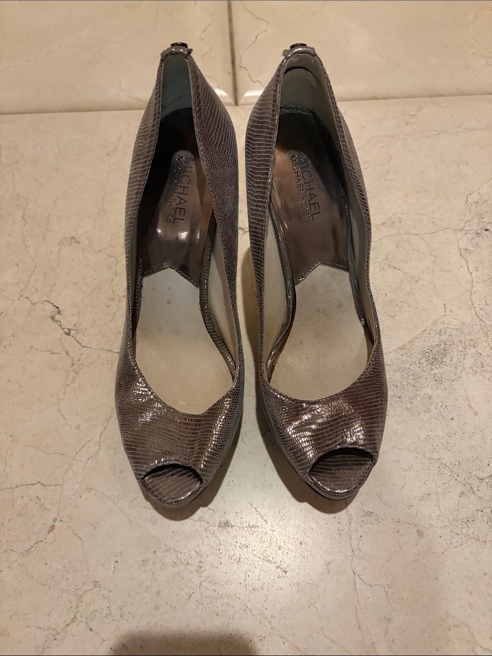 MICHAEL Michael Kors Metallic Taupe Peep-Toe Heels